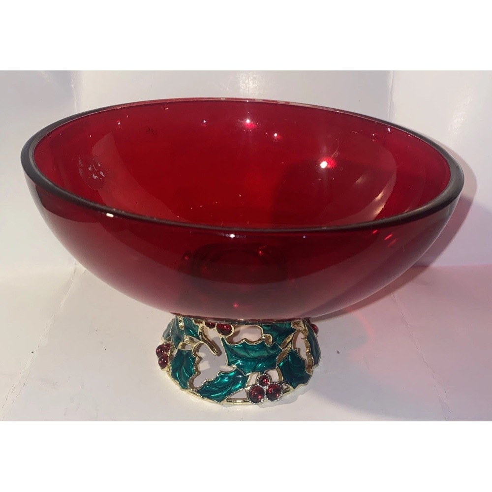 Vintage Teleflora Red Glass Christmas Holiday Pedestal Bowl Holly & Berries